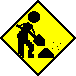 Pixel person shovelling a mound of dirt like the roadworks sign.